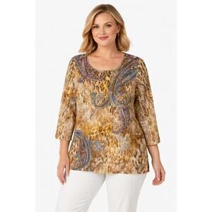 Alfred Dunner Womens 1X Paisley Animal Print Embellished Tunic Top
